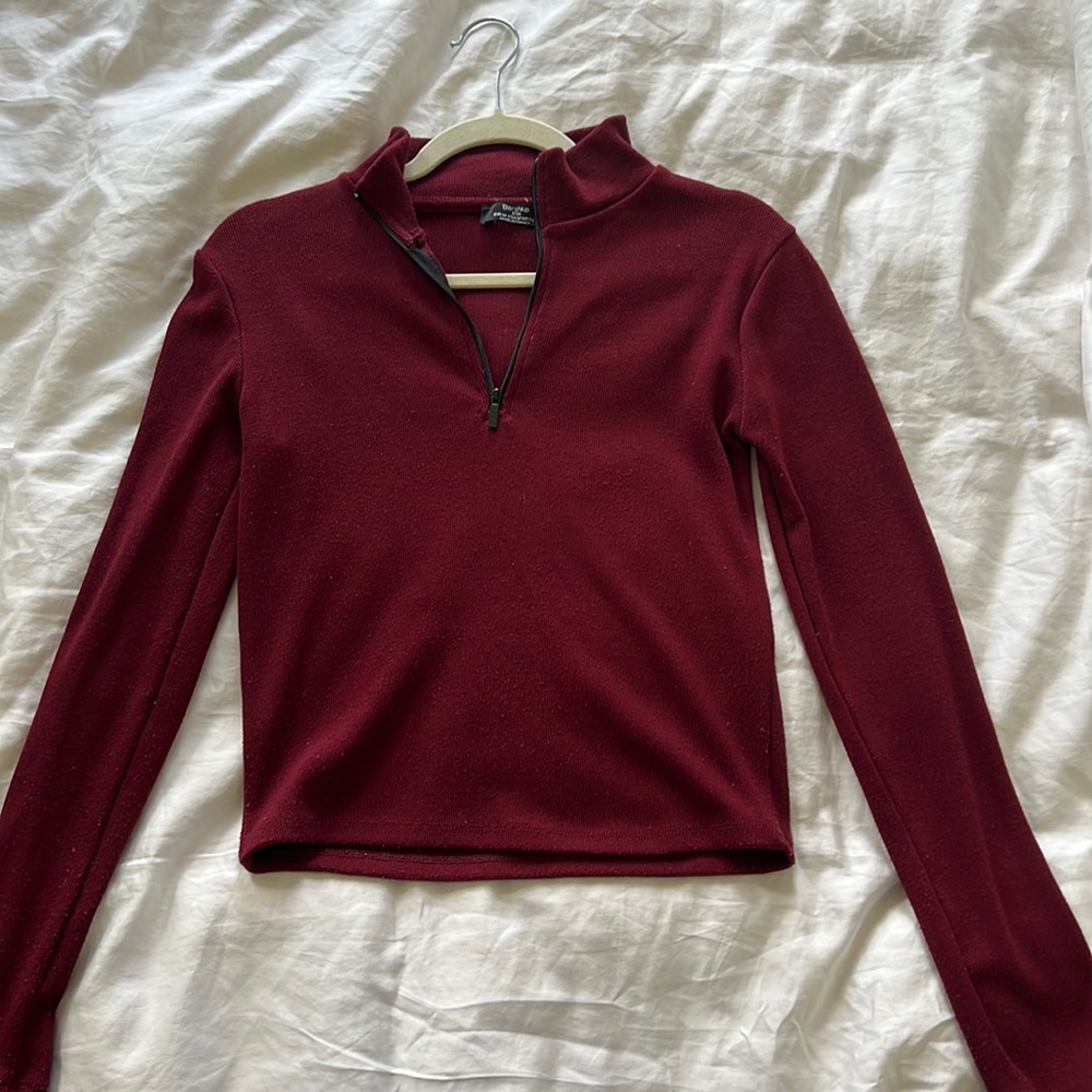 Bershka Half Zip Long Sleeve in Burgandy